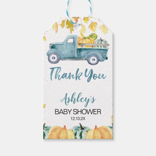 Blauw Baby shower van de kleine pompoenwagen Cadeaulabel (Voorkant)