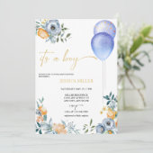 Blauw Baby shower van Floral | Een jongen Kaart (Staand voorkant)
