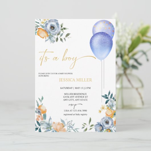 Blauw Baby shower van Floral | Een jongen Kaart (Staand voorkant)
