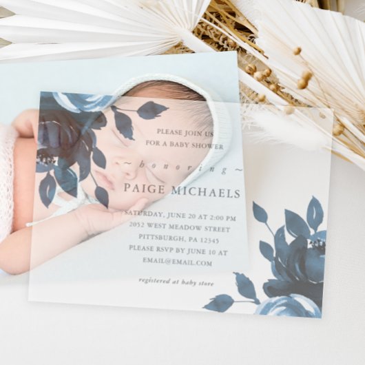 Blauw Baby shower van Floral Vellum Uitnodigingen