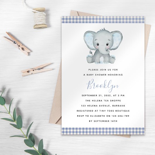Blauw Baby shower van Gingham Elephant Kaart