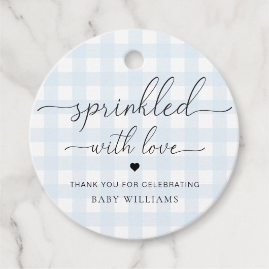 Blauw Baby shower van Gingham, gesponnen met liefd Bedankjes Labels (Voorkant)