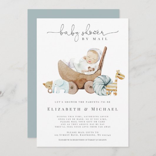 Blauw Baby shower van Mail Boy Boho Sociale Afstan Kaart (Voorkant / Achterkant)