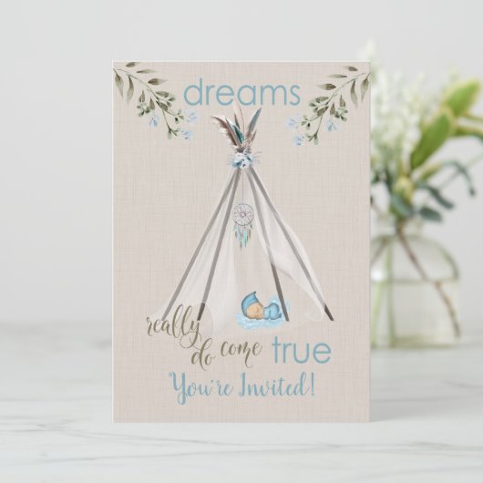 Blauw Baby shower voor Boys Boho DreamCatcher Tipi Kaart (Staand voorkant)