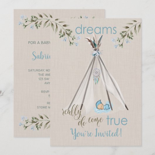 Blauw Baby shower voor Boys Boho DreamCatcher Tipi Kaart (Voorkant / Achterkant)