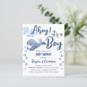 Blauw baby shower voor walvissen Het is een zoontj (Staand voorkant)