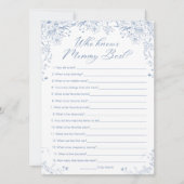 Blauw Baby shower Wie kent Mama Beste Game Kaart (Voorkant)
