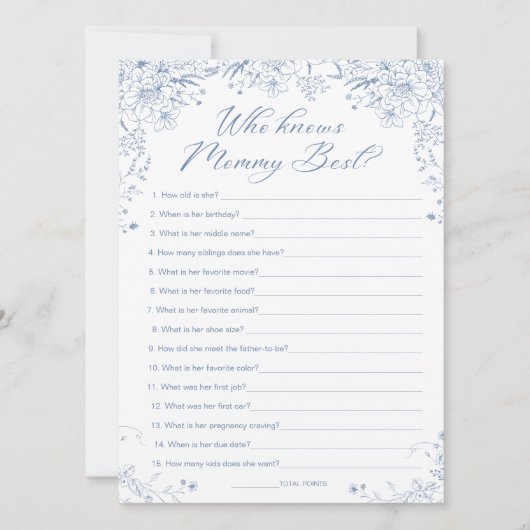 Blauw Baby shower Wie kent Mama Beste Game Kaart (Voorkant)