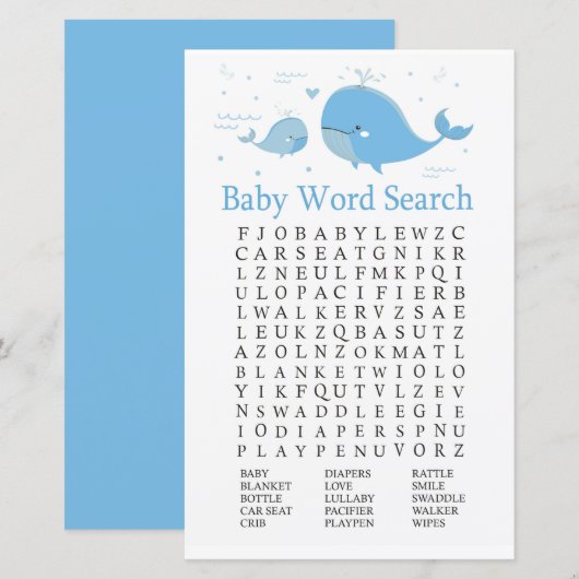 Blauw Baby shower Word Zoekspel (Voorkant / Achterkant)