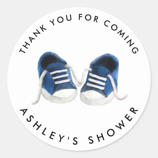Blauw Baby Sneakers Baby shower Sticker, Gift Labe Ronde Sticker (Voorkant)