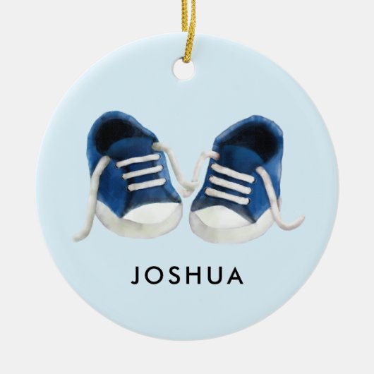 Blauw Baby Sneakers Ornament, Kerstcadeau Label Keramisch Ornament (Voorkant)