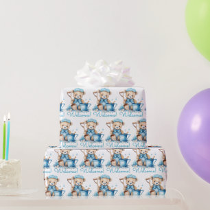 Blauw baby welkom teddybeer cadeau verpakkings pap cadeaupapier