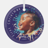 Blauw Baby's Eerste Kerstmis Spatpatroon  Glas Ornament (Voorkant)