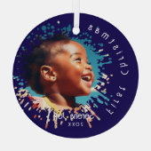Blauw Baby's Eerste Kerstmis Spatpatroon Glas Ornament (Achterkant)
