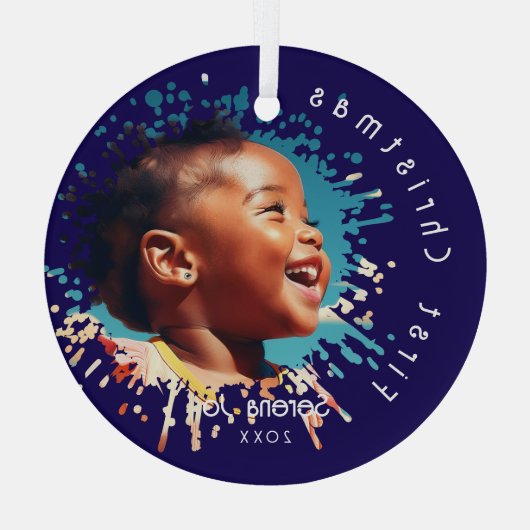Blauw Baby's Eerste Kerstmis Spatpatroon  Glas Ornament (Achterkant)