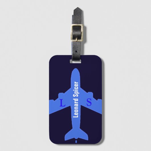 blauw bagagelabel met naam en initiaal (Voorkant (verticaal))