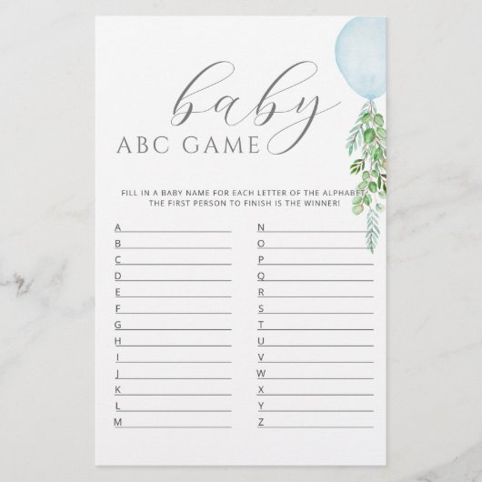 Blauw ballon Baby shower Game ABC (Voorkant)