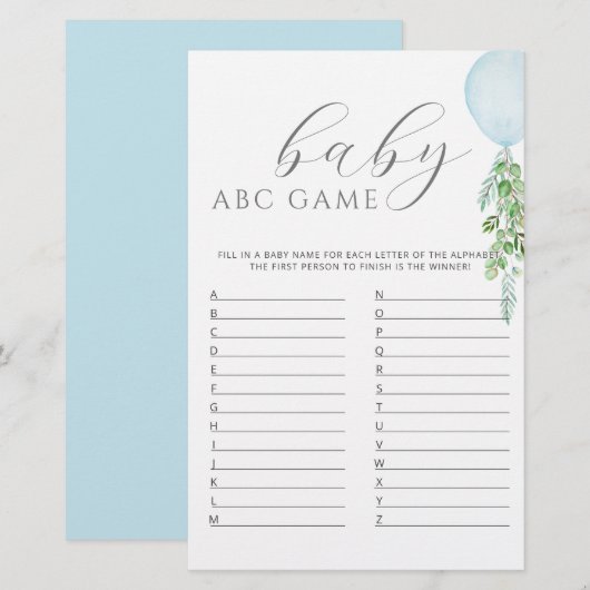 Blauw ballon Baby shower Game ABC (Voorkant / Achterkant)