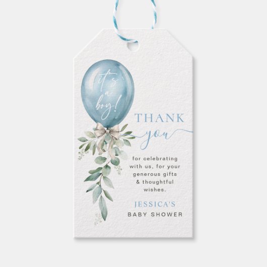 Blauw Ballon Boog Groene Baby Shower Bedankt Cadeaulabel (Voorkant)
