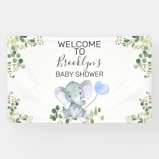 Blauw ballon Elephant Foliage Baby shower Welkom  Spandoek (Horizontaal)