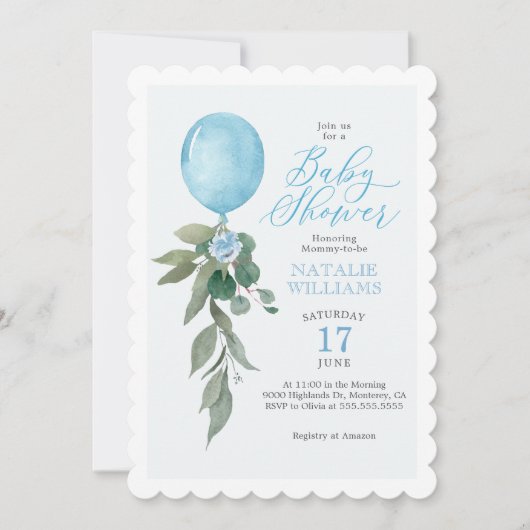 Blauw ballon groen babyfeestje kaart (Voorkant)