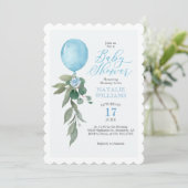 Blauw ballon groen babyfeestje kaart (Staand voorkant)