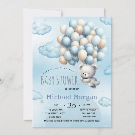 Blauw ballon met teddybeer en wolken voor babyshow kaart (Voorkant)