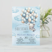 Blauw ballon met teddybeer en wolken voor babyshow kaart (Staand voorkant)