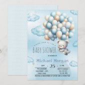 Blauw ballon met teddybeer en wolken voor babyshow kaart (Voorkant / Achterkant)
