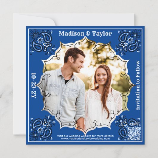 Blauw Bandana Foto Flat Save The Date Kaart (Achterkant)