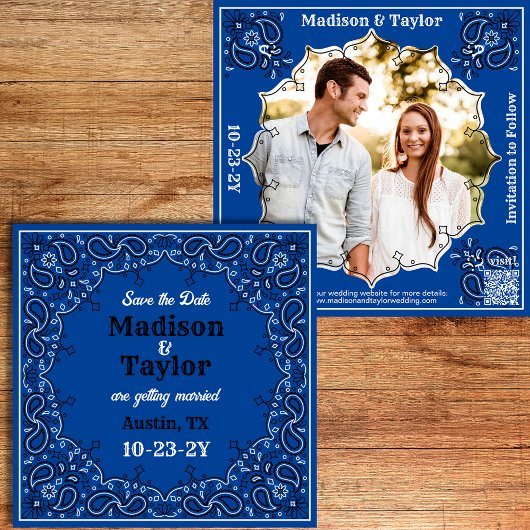 Blauw Bandana Foto Flat Save The Date Kaart