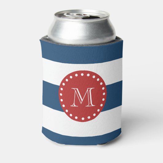 Blauw-bandenpatroon, rood monogram blikjeskoeler (Blikje Achterkant)