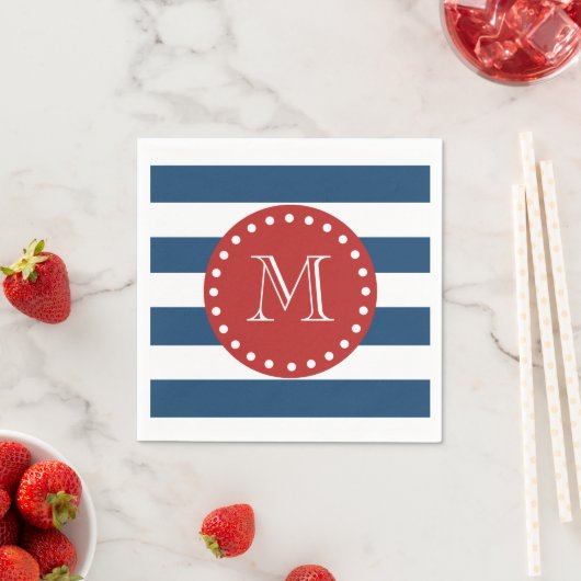 Blauw-bandenpatroon, rood monogram servetten (Insitu)