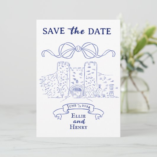 Blauw Barok Foto Kasteel Save the Date Uitnodiging (Staand voorkant)