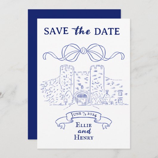 Blauw Barok Foto Kasteel Save the Date Uitnodiging (Voorkant / Achterkant)