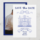 Blauw Barok Foto Save the Date Uitnodiging (Voorkant / Achterkant)