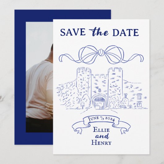 Blauw Barok Fotokasteel Save the Date Uitnodiging (Voorkant / Achterkant)
