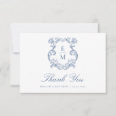 Blauw Barok Monogram Crest Wedding Bedankkaart (Voorkant)
