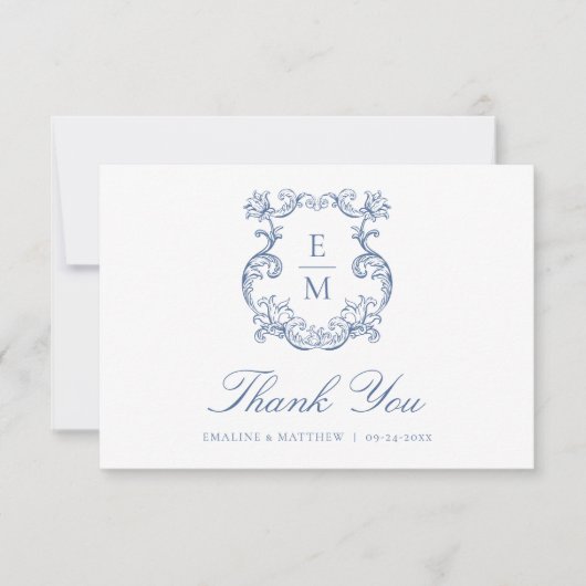 Blauw  Barok Monogram Crest Wedding Bedankkaart (Voorkant)