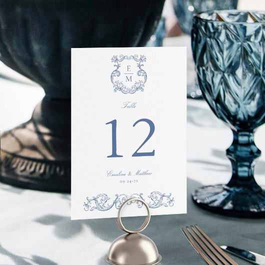 Blauw Barok Monogram Crest Wedding Kaart