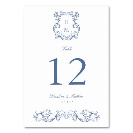 Blauw  Barok Monogram Crest Wedding Kaart (Achterkant)