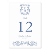 Blauw Barok Monogram Crest Wedding Kaart (Voorkant)