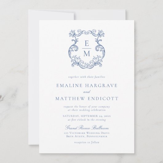 Blauw  Barok Monogram Crest Wedding Kaart (Voorkant)