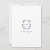 Blauw Barok Monogram Crest Wedding Kaart (Achterkant)
