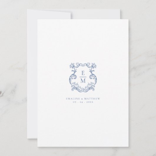 Blauw  Barok Monogram Crest Wedding Kaart (Achterkant)