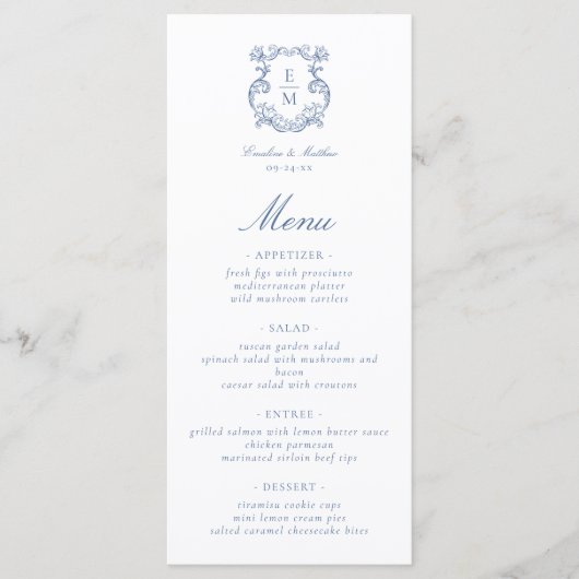Blauw Barok Monogram Crest Wedding Menu (Voorkant)