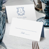 Blauw  Barok Monogram Crest Wedding Plaatskaartje