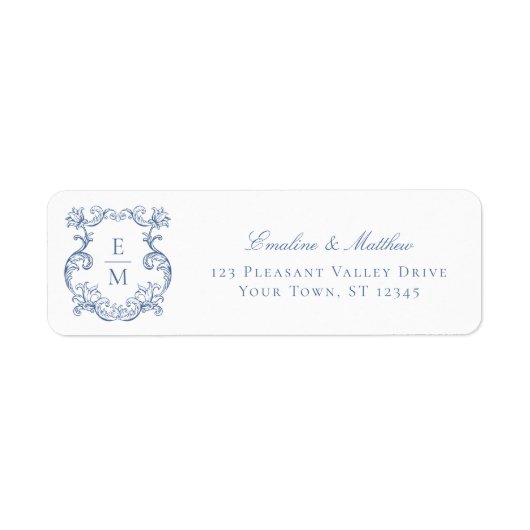 Blauw Barok Monogram Crest Wedding Retouradres Etiket (Voorkant)