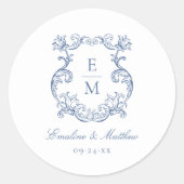 Blauw Barok Monogram Crest Wedding Ronde Sticker (Voorkant)