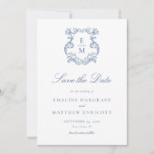 Blauw Barok Monogram Crest Wedding Save The Date (Voorkant)